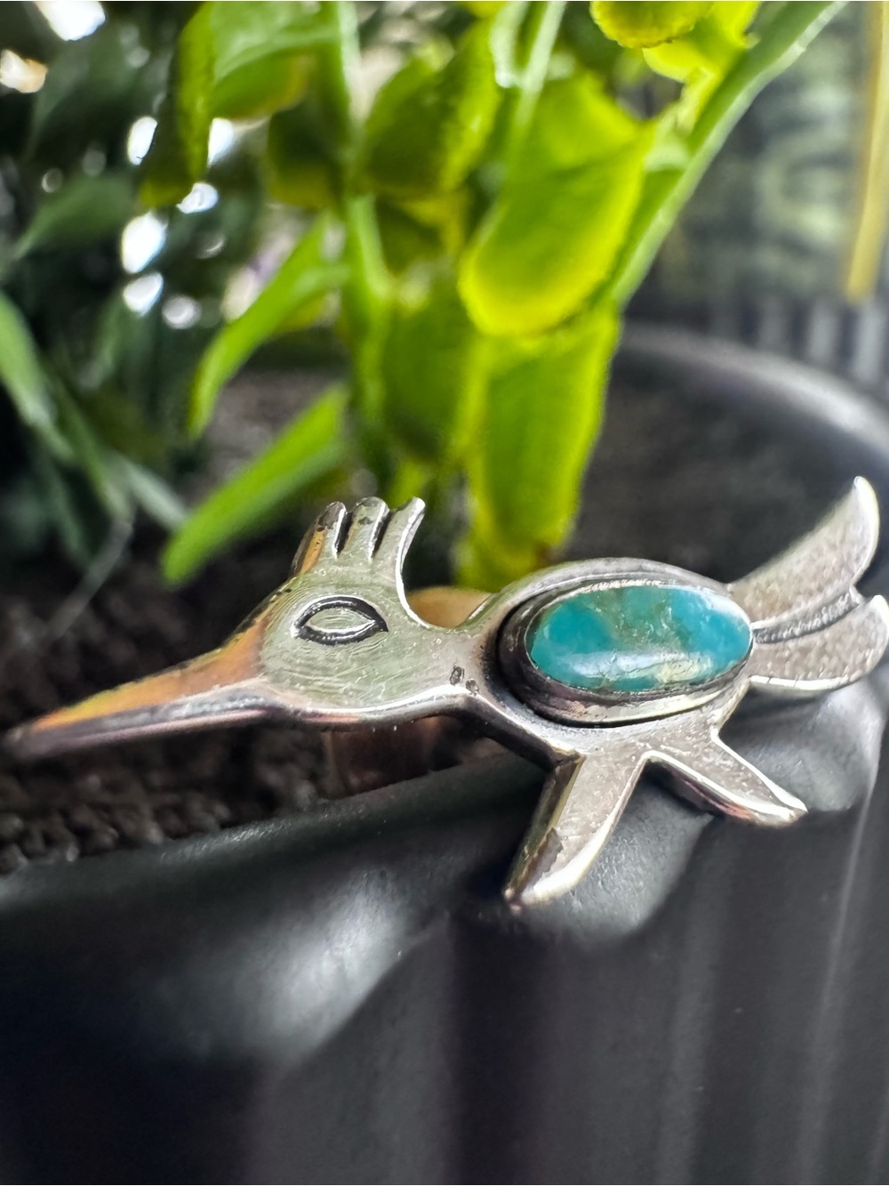 Silver Bird Brooch with Turquoise Cabochon